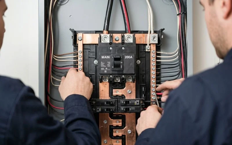 200A main breaker and copper bus bar with spare breaker positions