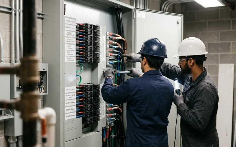 347/600V switchgear section with labelled feeder breakers and cable terminations