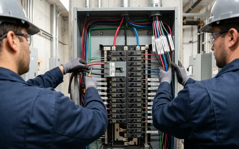 Commercial distribution panel with bolt-on breakers and labelled tenant feeders