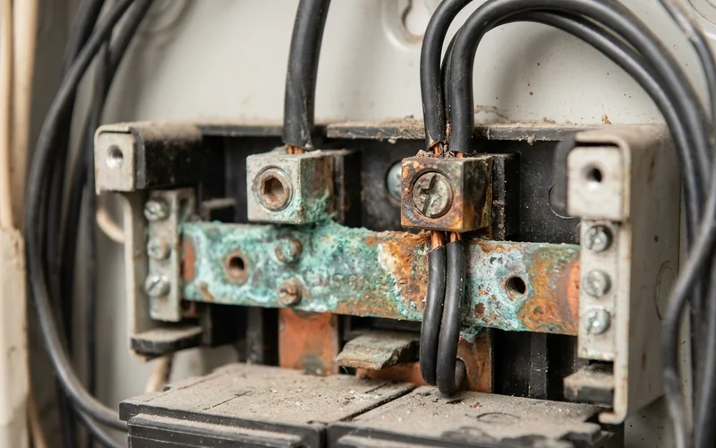 Corroded bus bar and double-tapped terminals inside an end-of-life breaker panel
