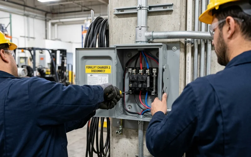 Forklift charging station circuit with a labelled disconnect in a charging bay