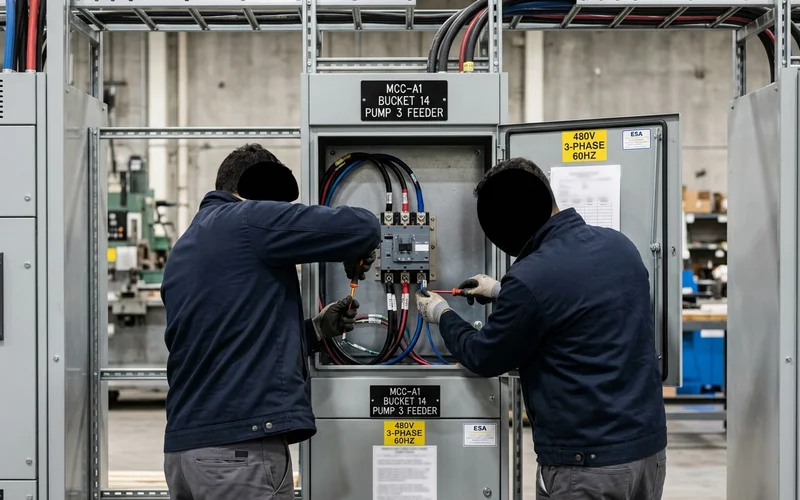 Motor control centre bucket with a starter and labelled machine feeder tag