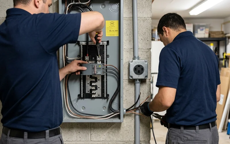 NEMA 14-50 receptacle installed on a garage wall with conduit entry