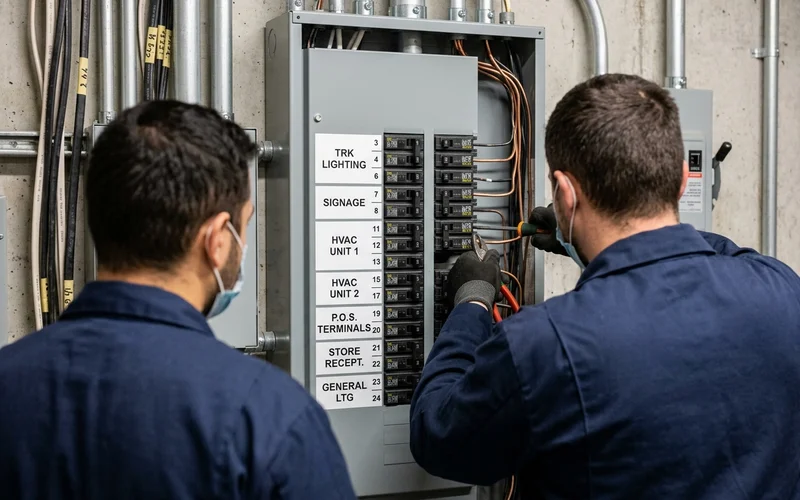 Retail tenant panel with labelled circuits for lighting, signage, HVAC and POS
