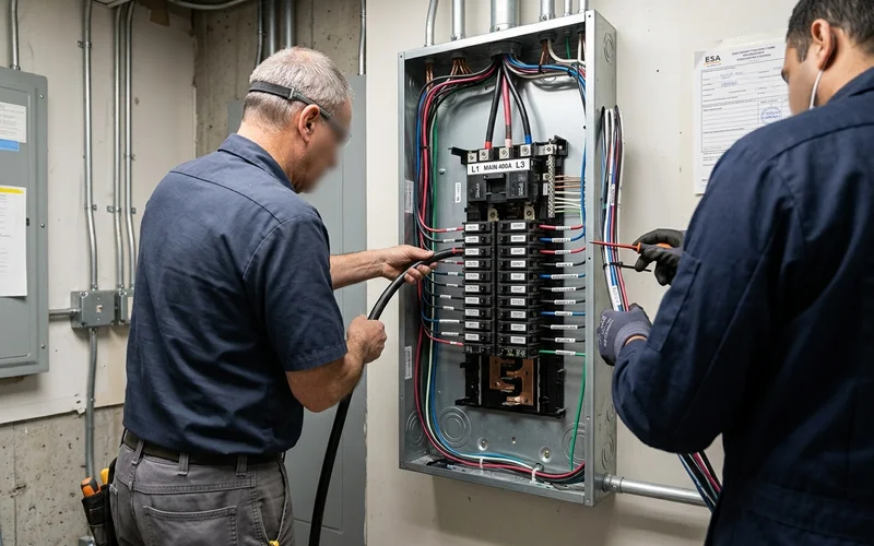 Three-phase distribution panel with labelled kitchen equipment feeders