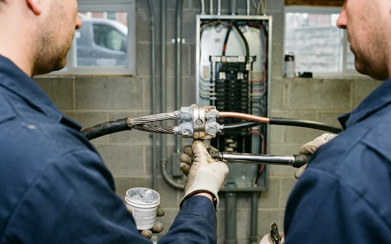 Aluminum conductor pigtailed to copper with an approved connector