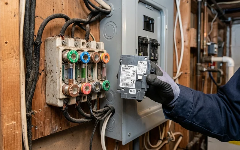 Old Edison-base screw-in fuse block beside a new AFCI breaker ready for installation