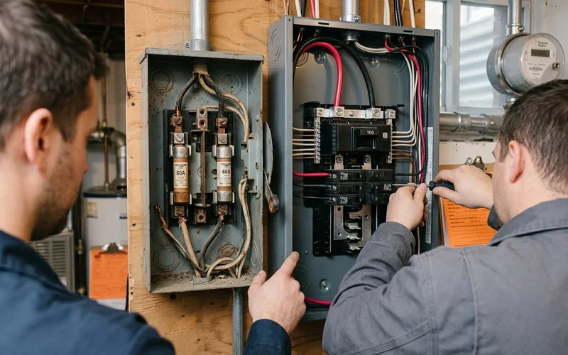 Original 60A main disconnect with cartridge fuses beside a replacement 100A main breaker