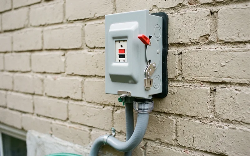 Outdoor-rated GFCI spa disconnect with conduit entry on an exterior wall