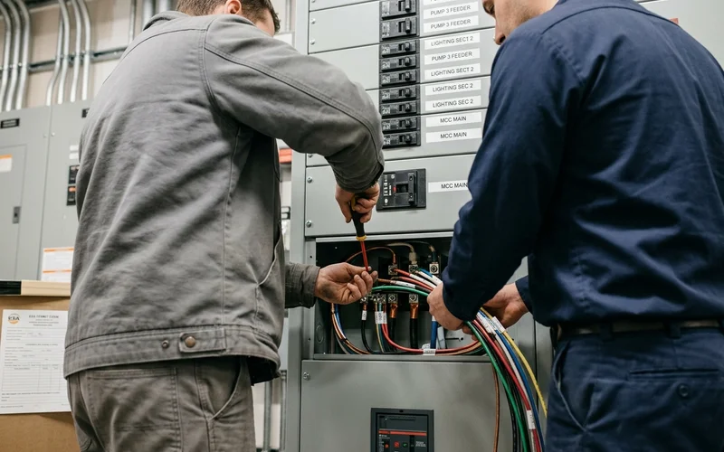 Industrial switchgear sections with labelled feeder breakers