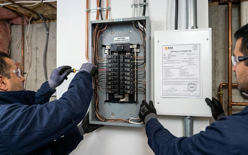 ESA Certificate of Inspection beside a newly installed breaker panel