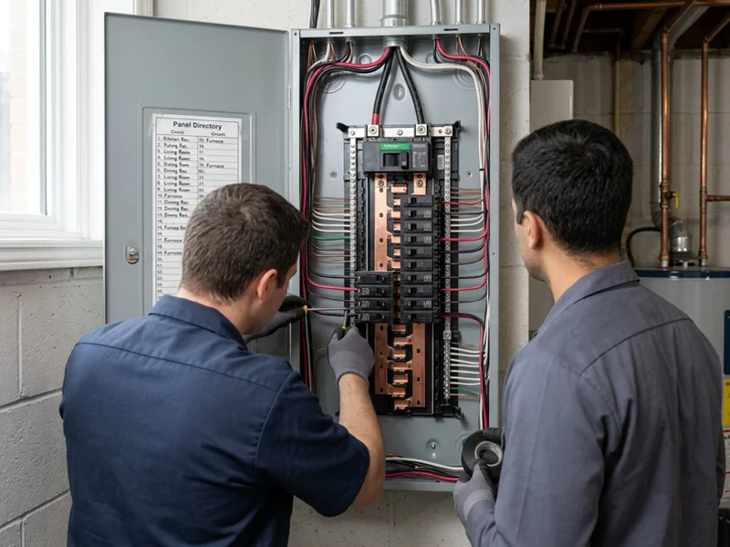 Neatly terminated breakers inside an open 42-circuit 200A load centre
