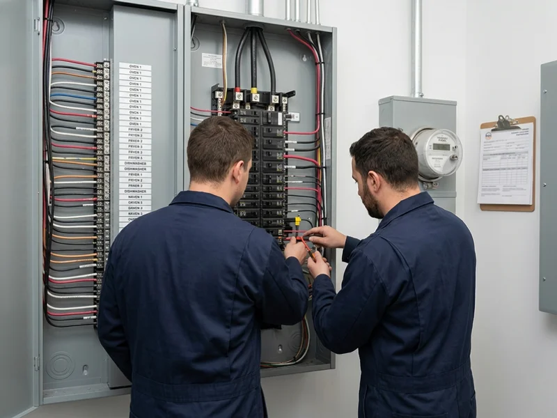 Completed commercial kitchen distribution with three-phase feeders labelled per appliance