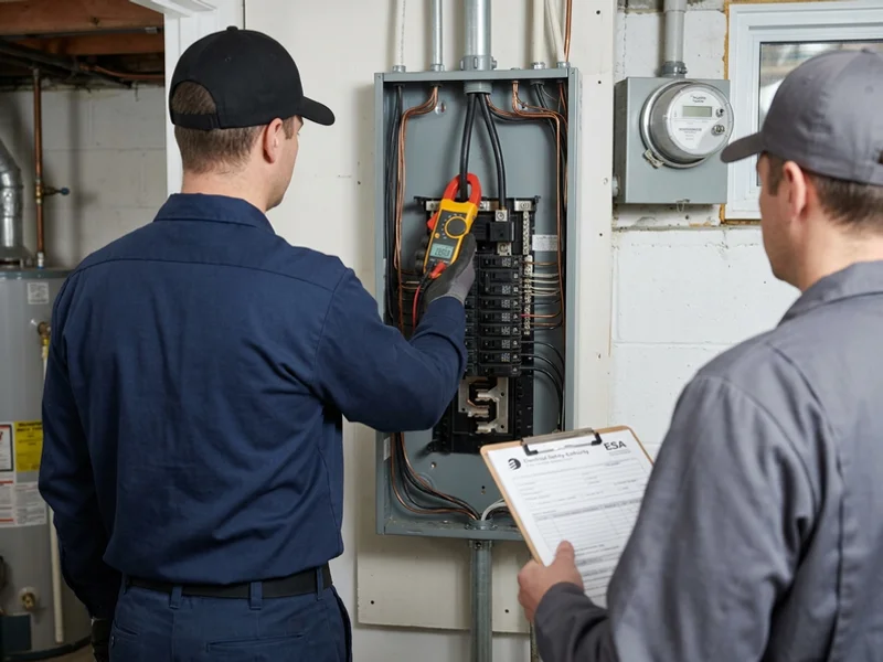 Crew member measuring existing service entrance conductors during an on-site assessment