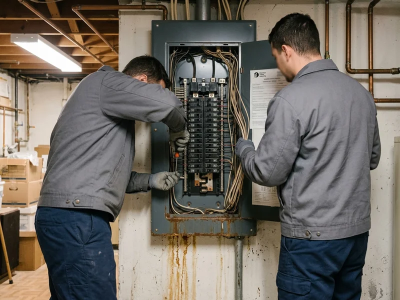 End-of-life breaker panel with rust staining and tandem breakers in every position