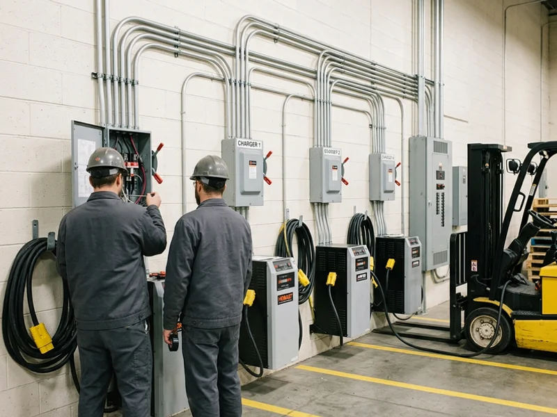 Forklift charging bay with charger circuits and labelled disconnects