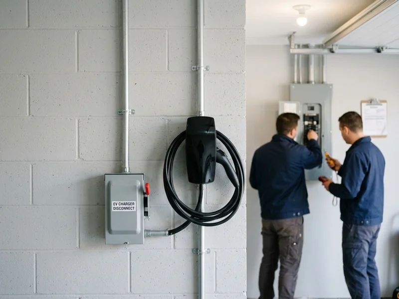 Hardwired Level 2 charging station on a garage wall with neat conduit