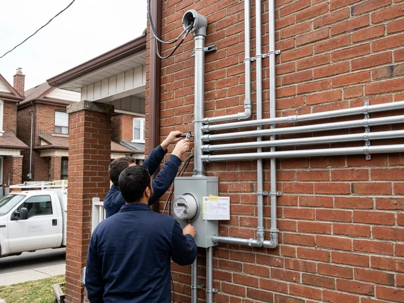 New meter base and service mast with weatherhead on a Toronto brick home