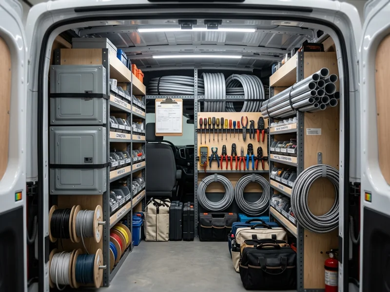 Organised work van interior with load centres, conduit and hand tools in labelled racking