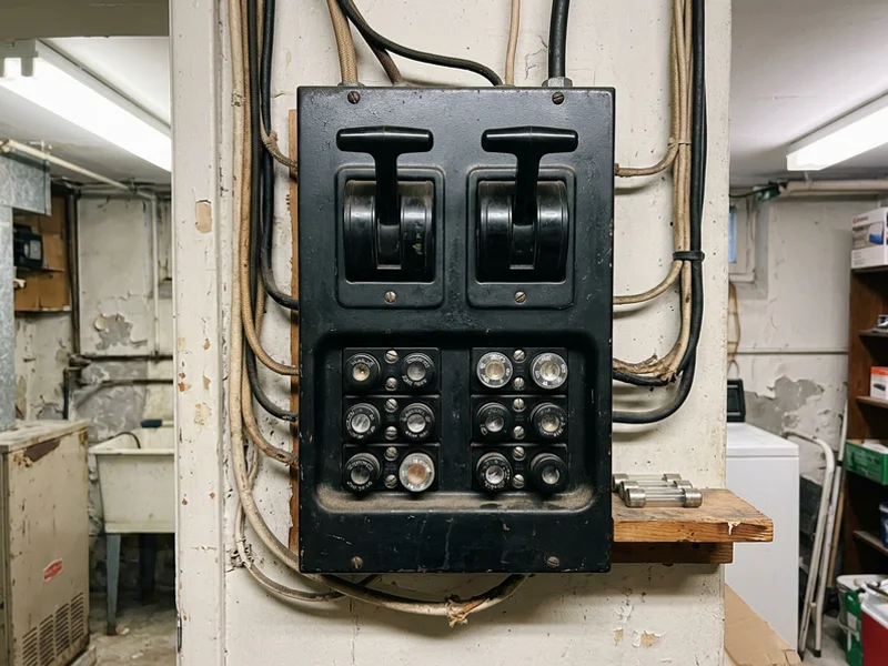 Original 60A fuse panel with screw-in glass fuses before replacement