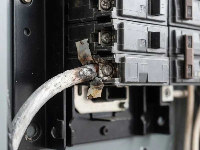 Oxidised aluminum conductor showing discolouration at a breaker terminal