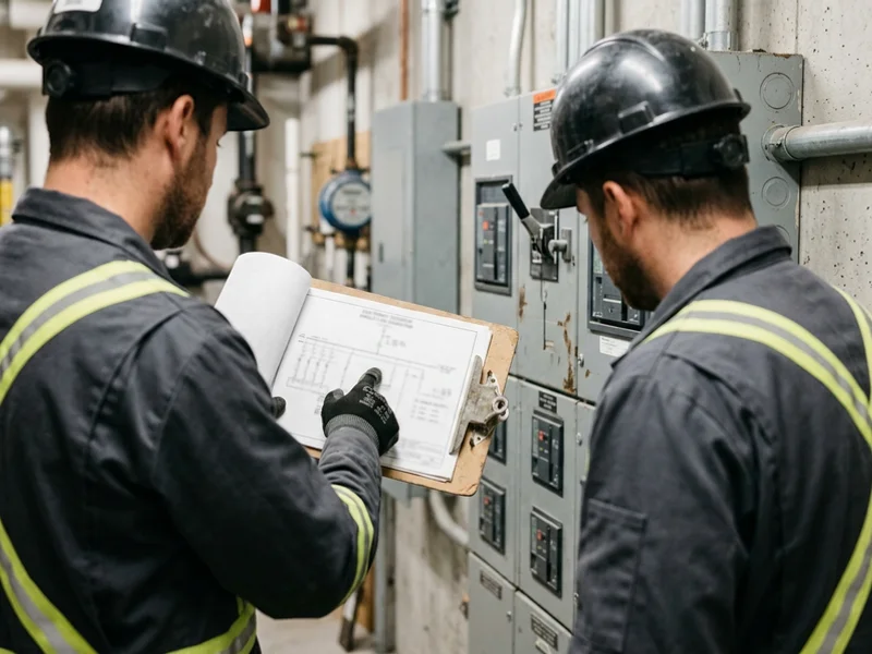 Crew checking a single-line diagram against the installed switchgear