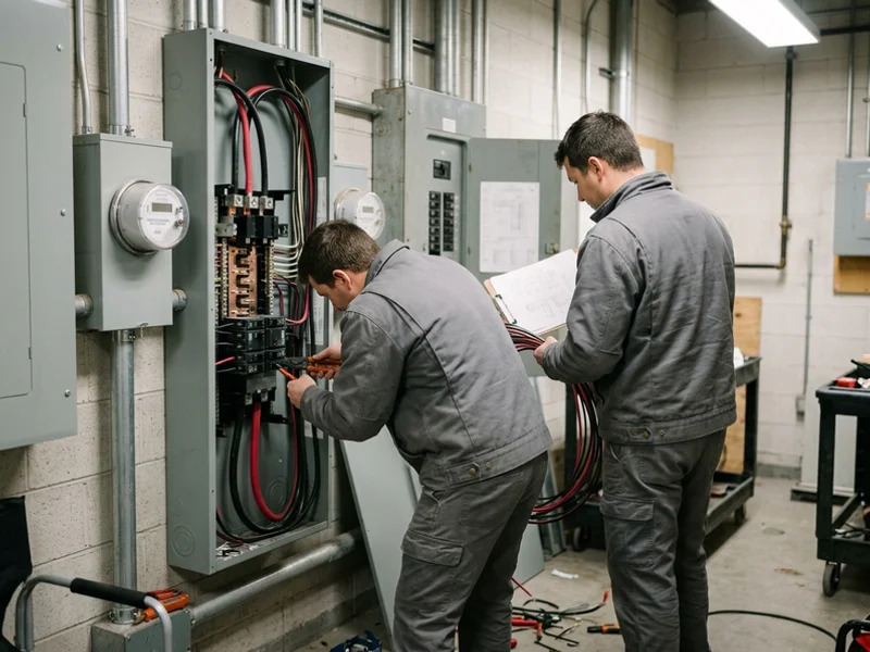 Crew completing an after-hours cutover in an office electrical room