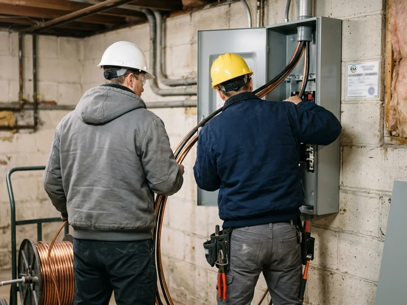 Crew pulling 2/0 AWG copper service entrance conductors into a basement disconnect
