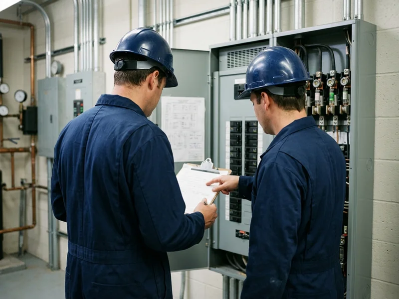 Crew reviewing a load study against installed three-phase distribution