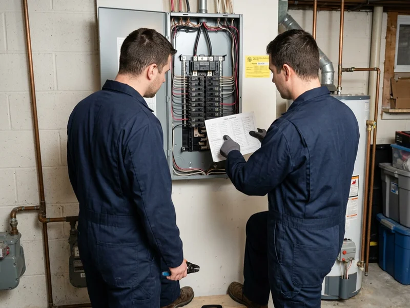 Crew members reviewing a panel schedule beside an open load centre