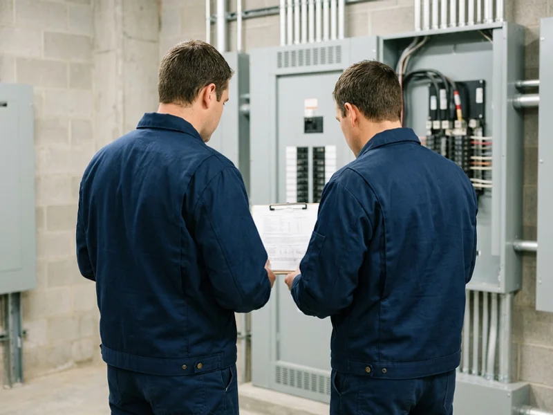 Crew reviewing base-building capacity documentation in a retail electrical room