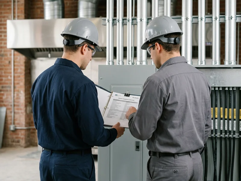 Crew reviewing the kitchen equipment schedule against installed feeders