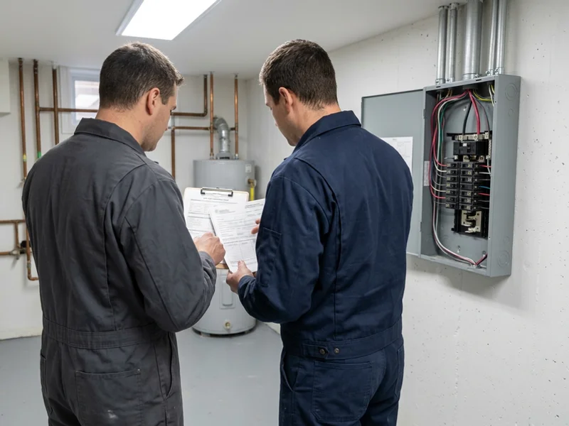 Crew reviewing the split-load calculation beside the new subpanel