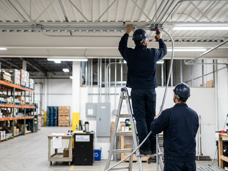 Crew running conduit along a warehouse ceiling bay during phased work
