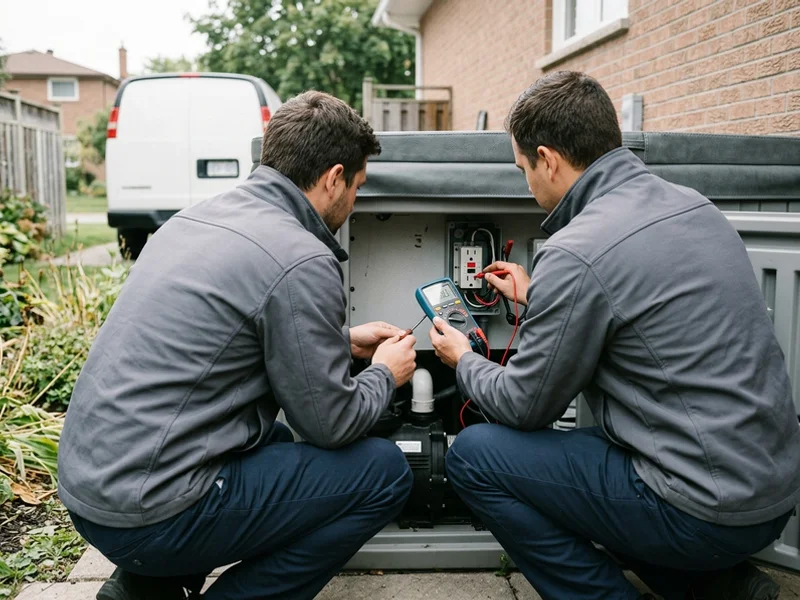 Crew testing the GFCI disconnect and load at the hot tub equipment bay