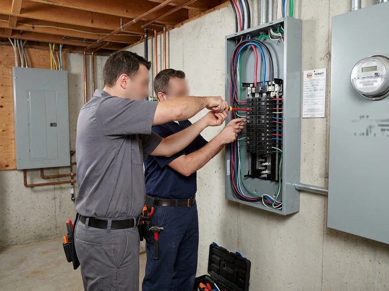 Two crew members working together terminating circuits in a new 42-circuit load centre