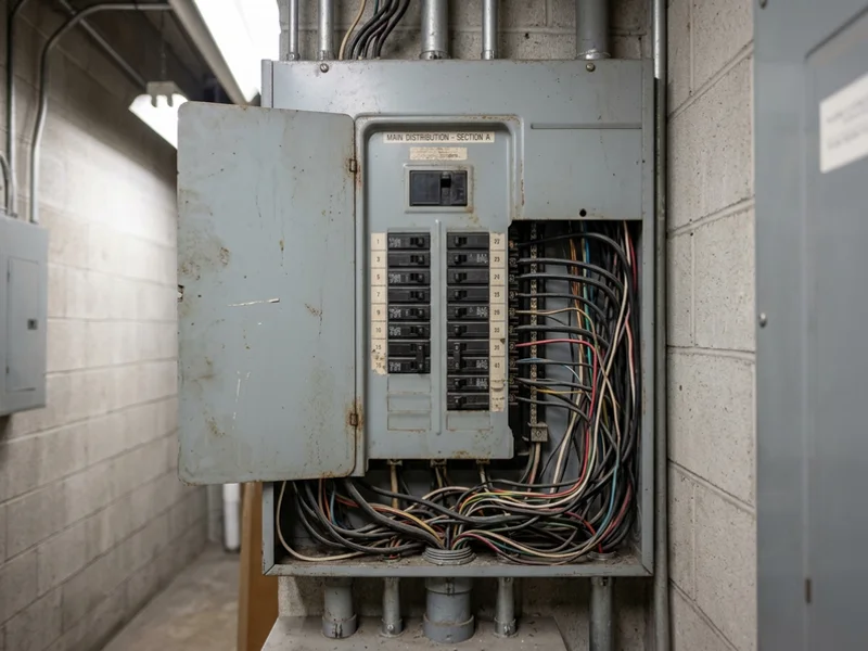 Warehouse electrical room with the original distribution panel and no spare feeders