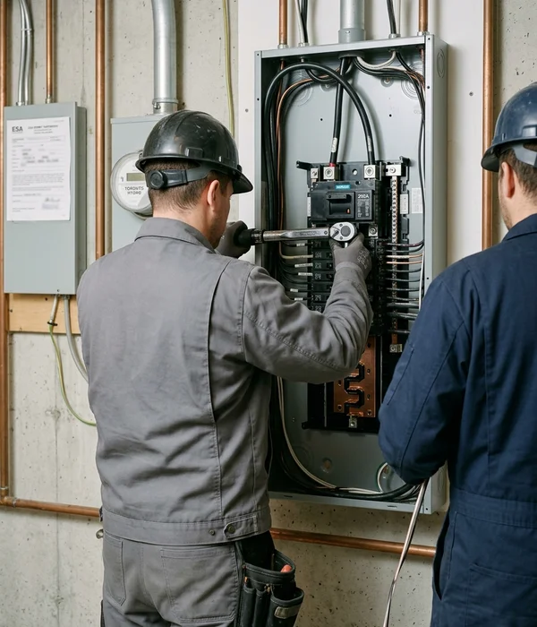 Crew member torquing a 200A main breaker lug with a calibrated torque wrench