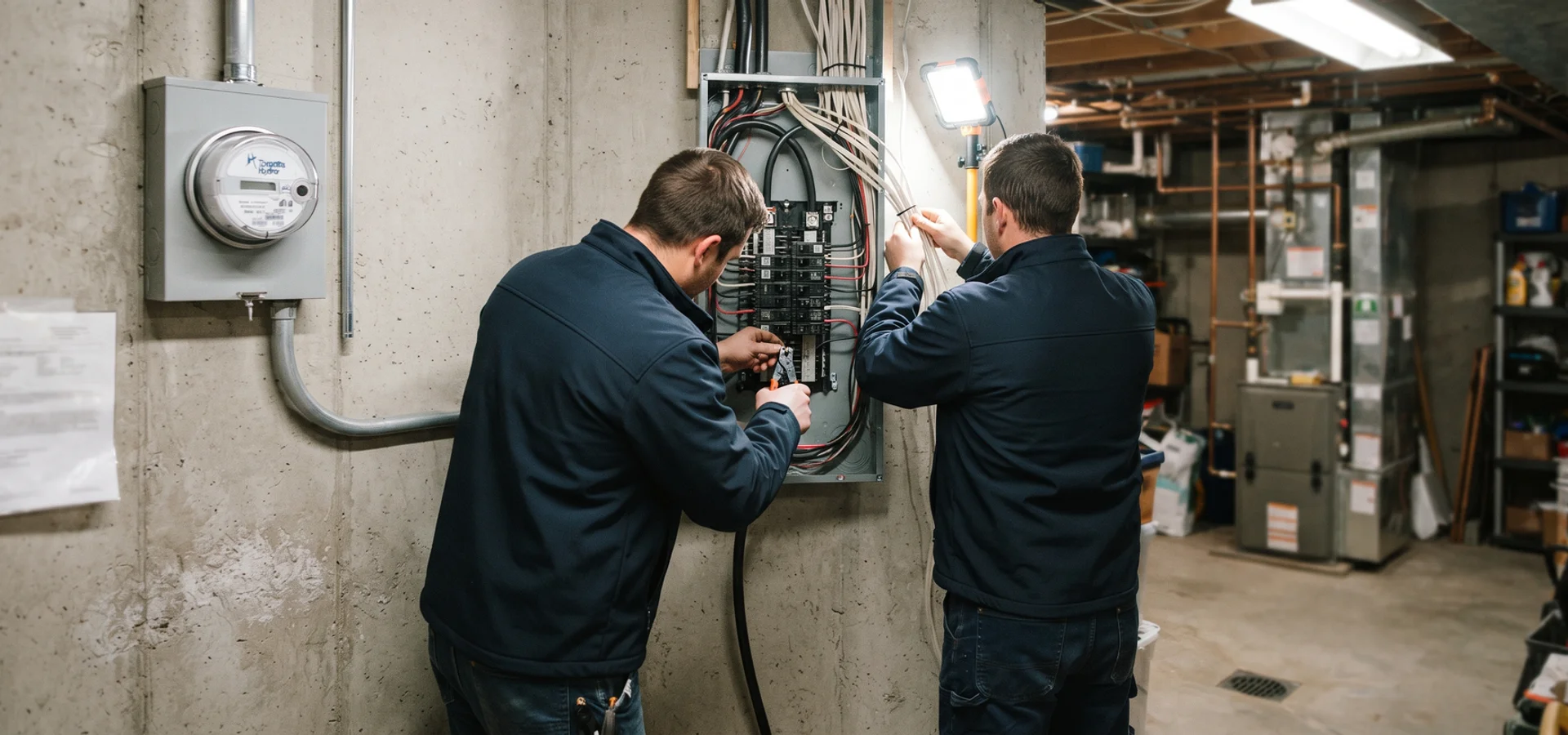 Crew completing a residential panel upgrade in a Toronto basement utility room
