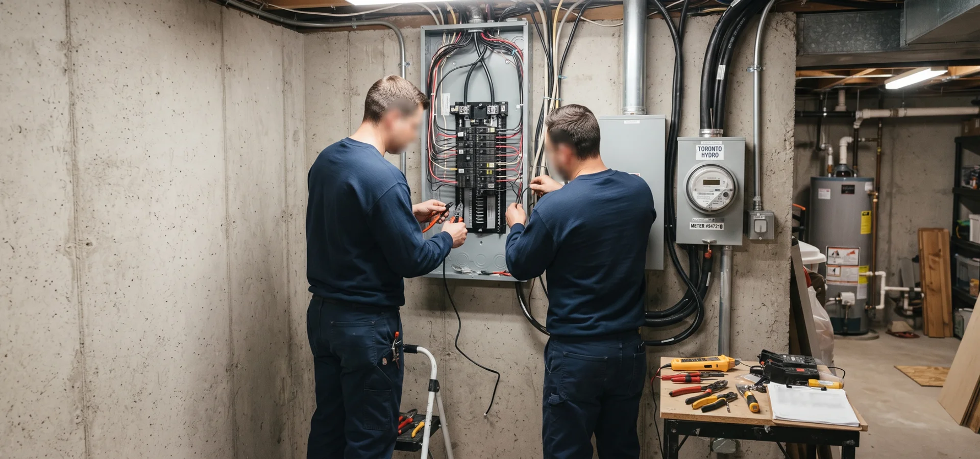 Crew installing a 200A main breaker and 42-circuit load centre in a Toronto basement