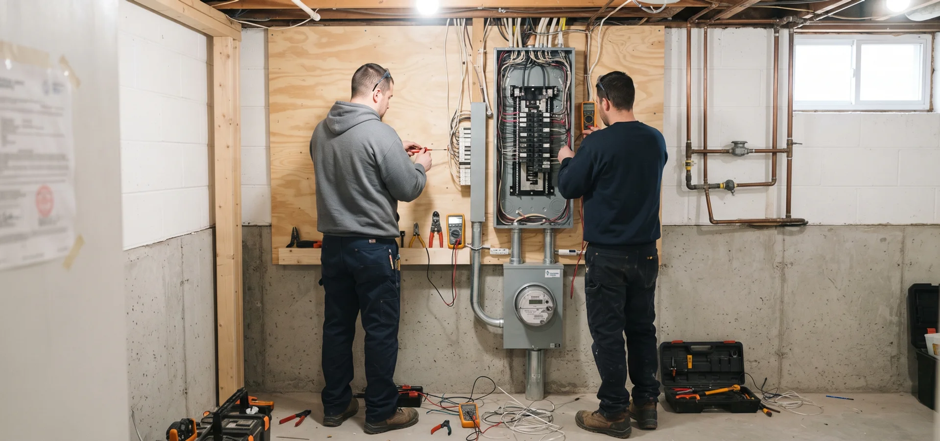 Crew commissioning a new 200A service with a 42-circuit load centre
