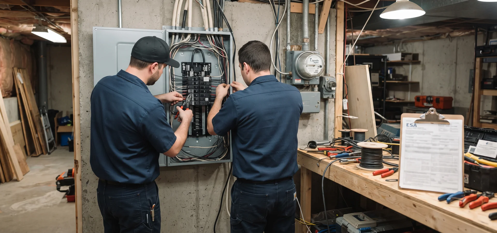 Crew completing a panel replacement with ESA paperwork on a nearby workbench