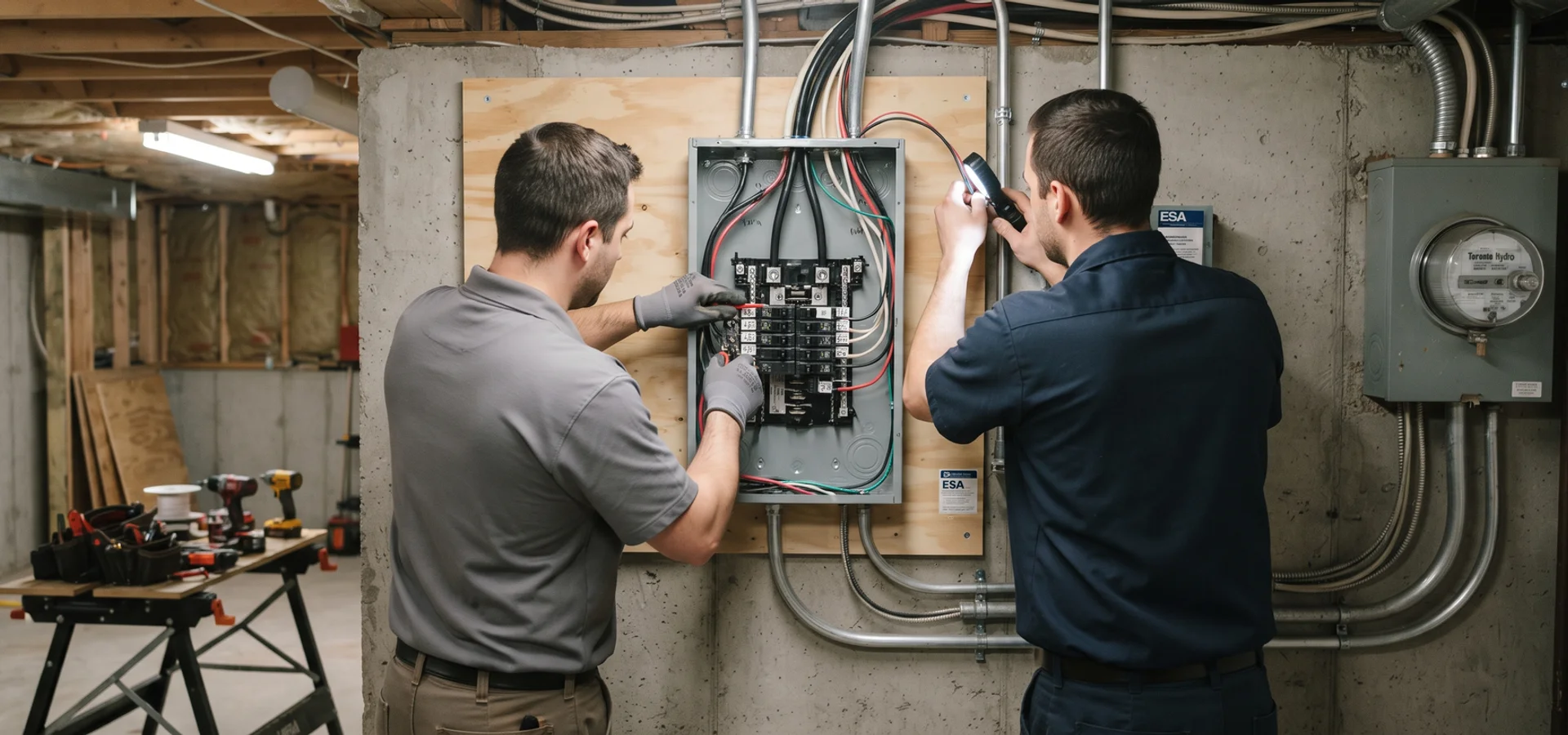 Crew installing a 100A subpanel on a four-wire feeder for a legal basement suite