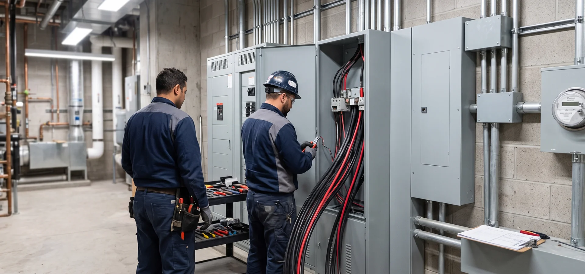Crew installing a 400A service with a CT cabinet in a Toronto commercial mechanical room