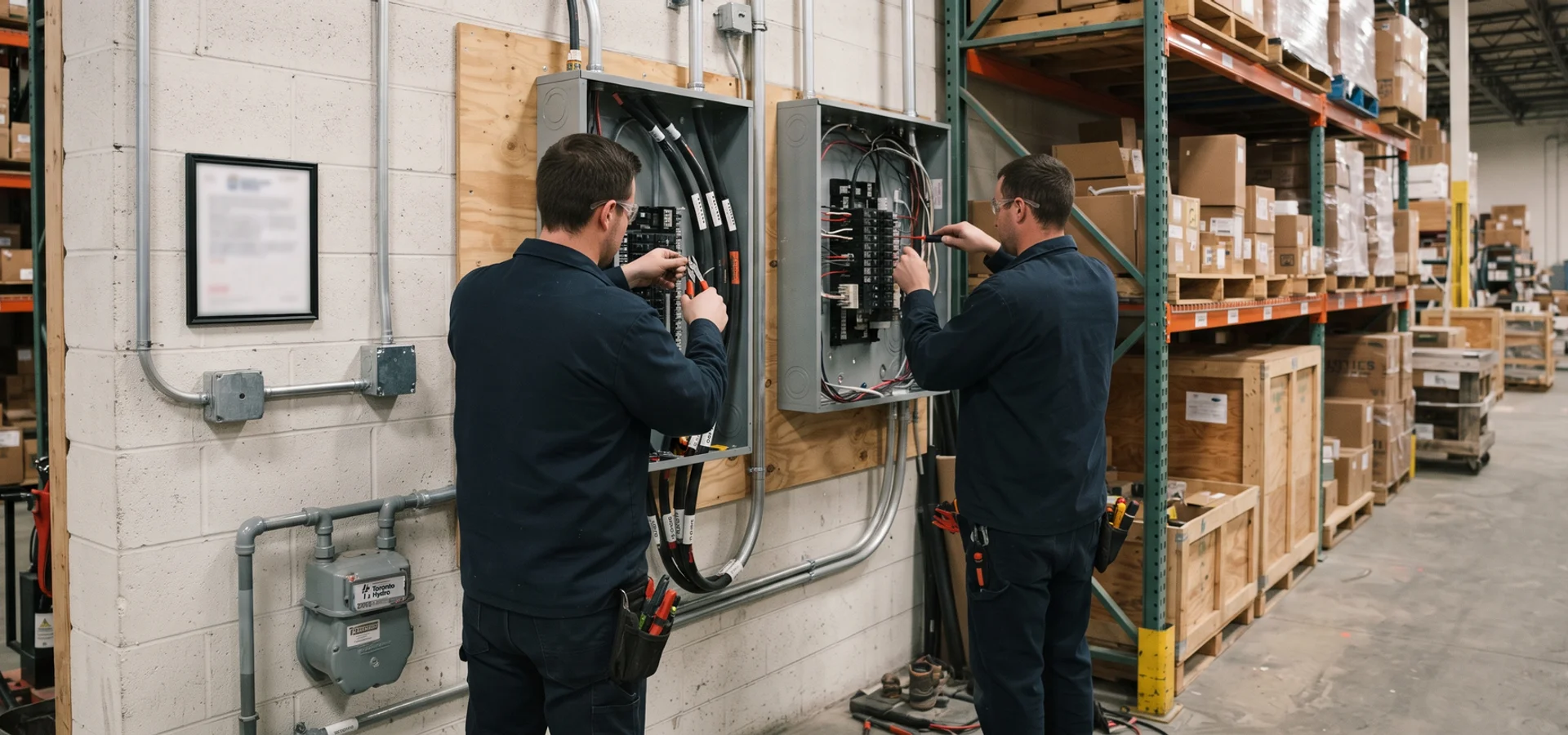Crew installing a distribution subpanel on a warehouse wall beside racking