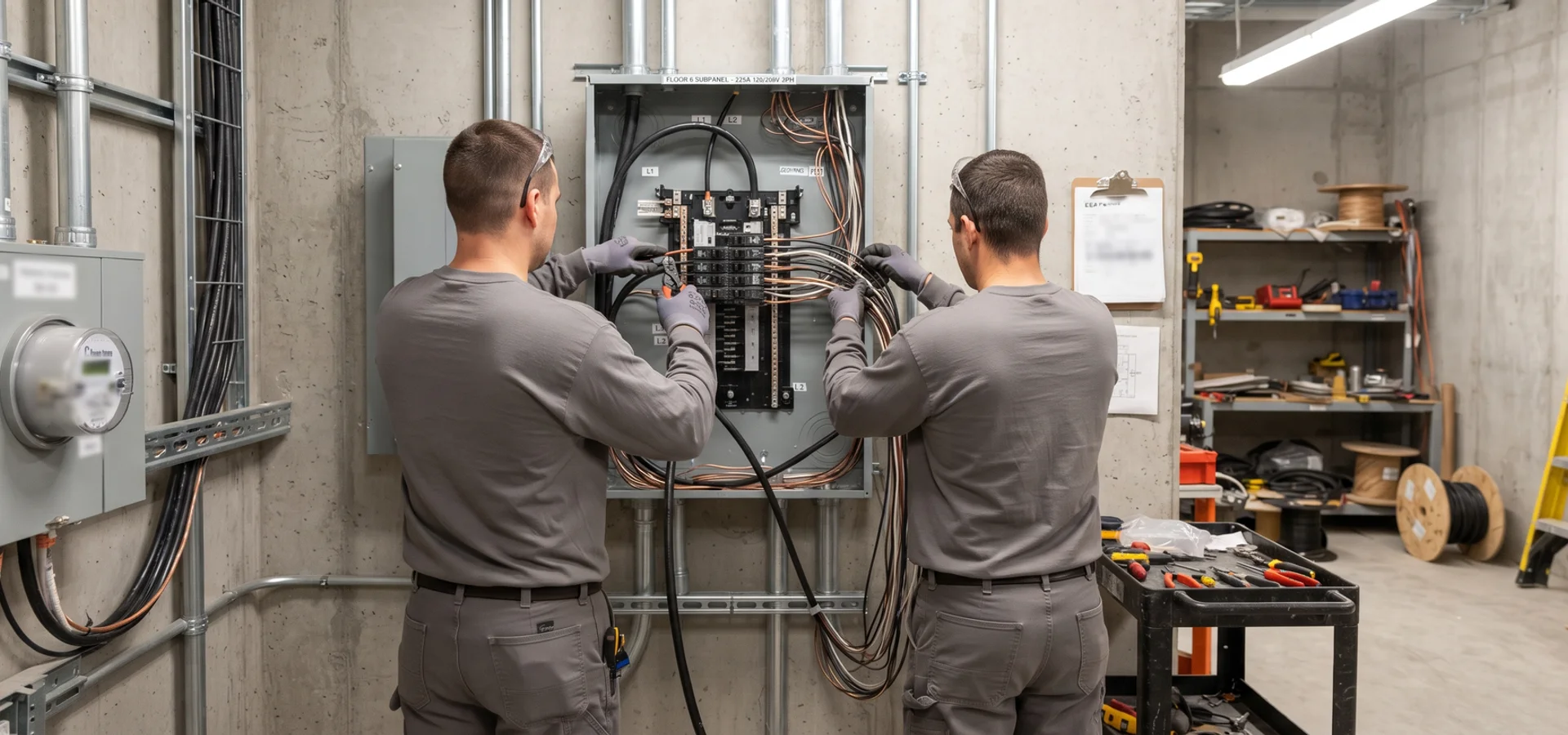Crew installing a per-floor subpanel in a Toronto office electrical room