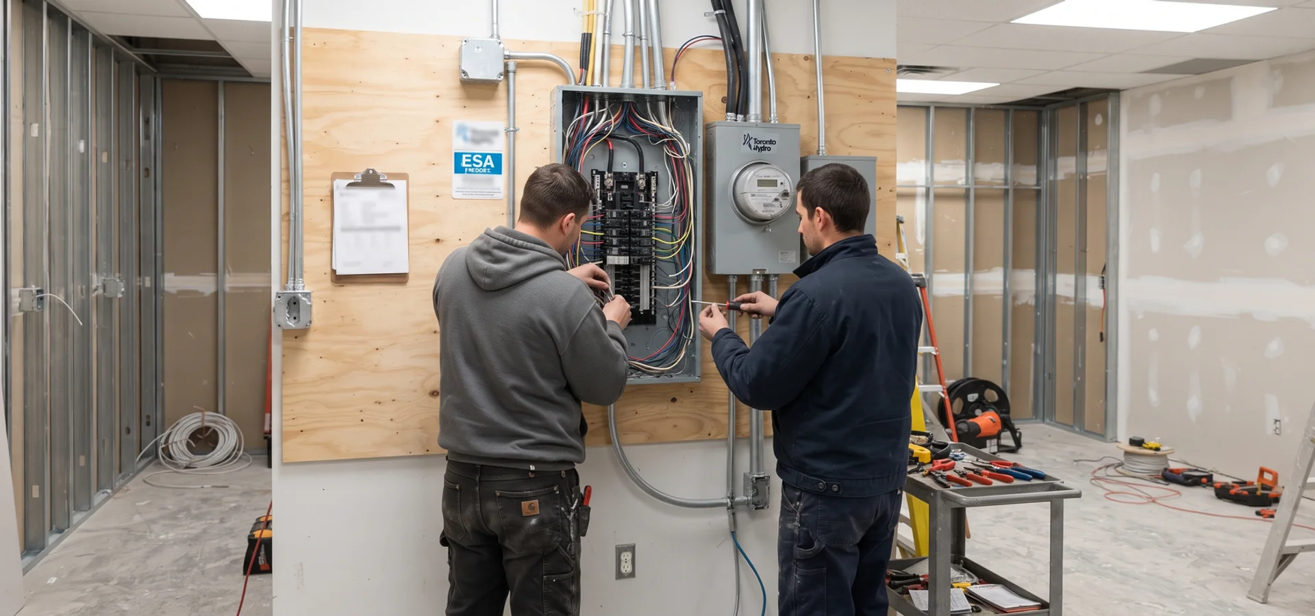 Crew installing a tenant distribution panel in a Toronto retail unit