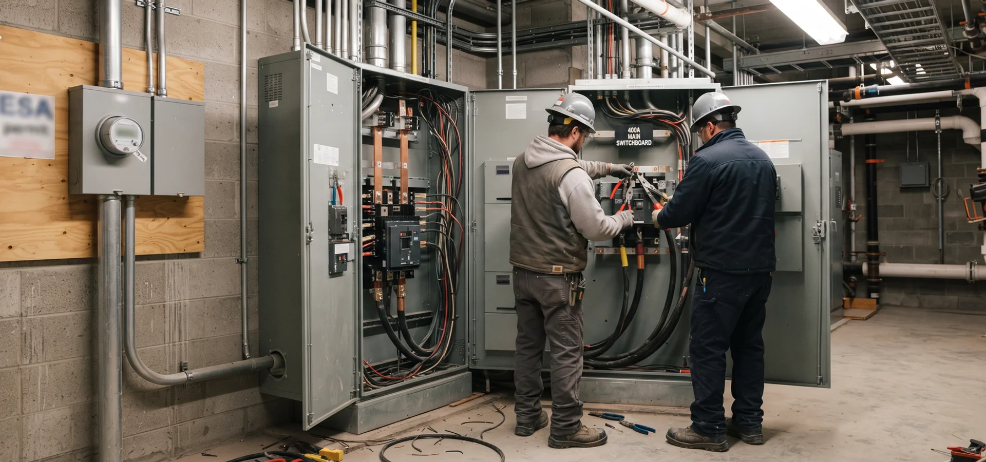 Crew installing commercial switchgear in a Toronto mechanical room
