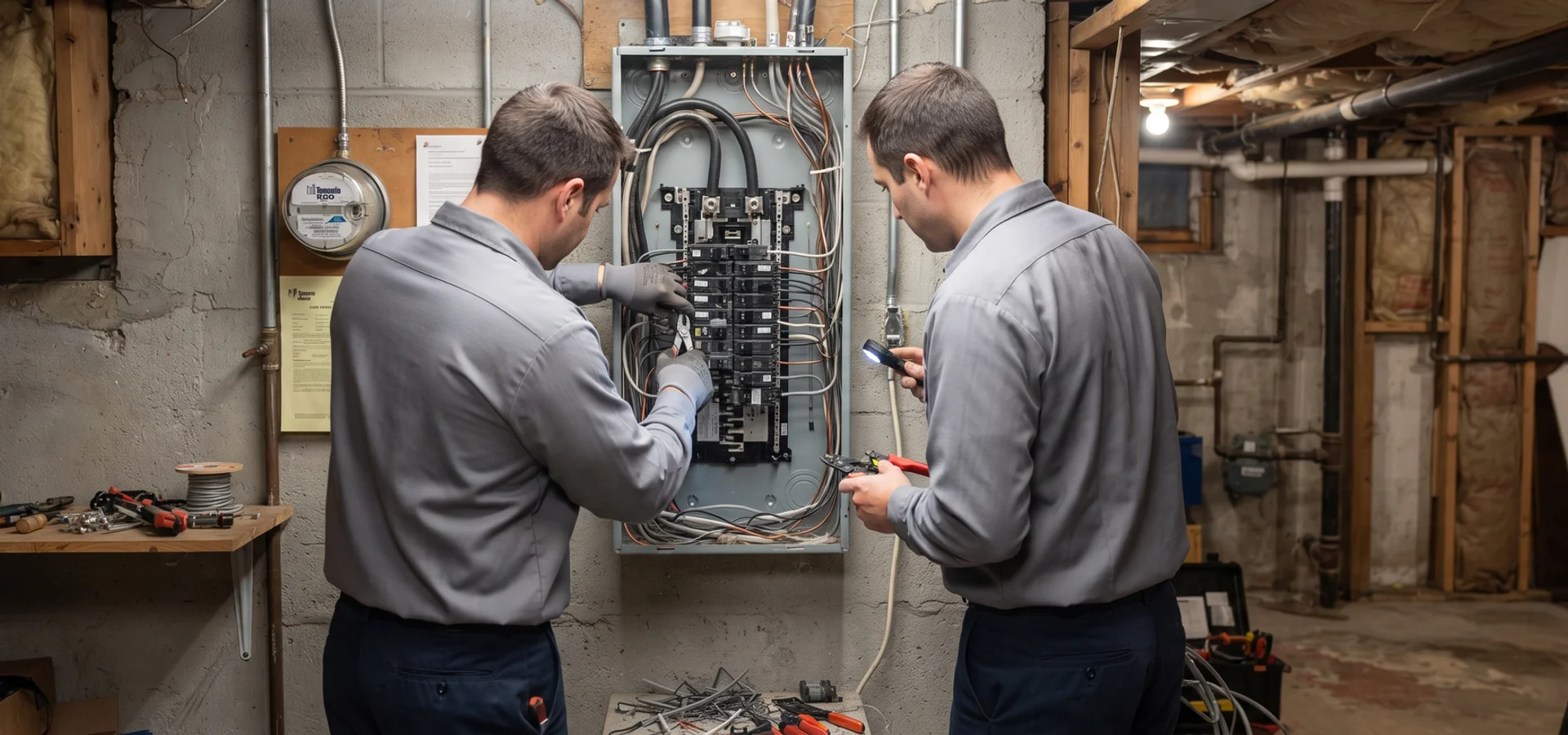 Crew remediating aluminum branch wiring terminations inside an open load centre