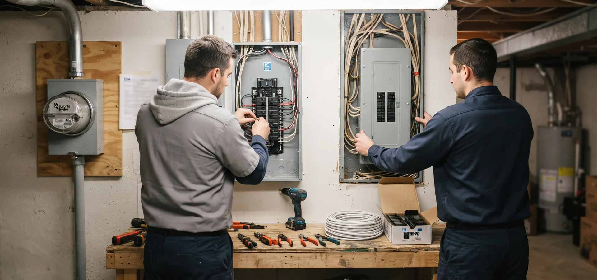 Crew removing a Federal Pioneer Stab-Lok panel and fitting a replacement load centre